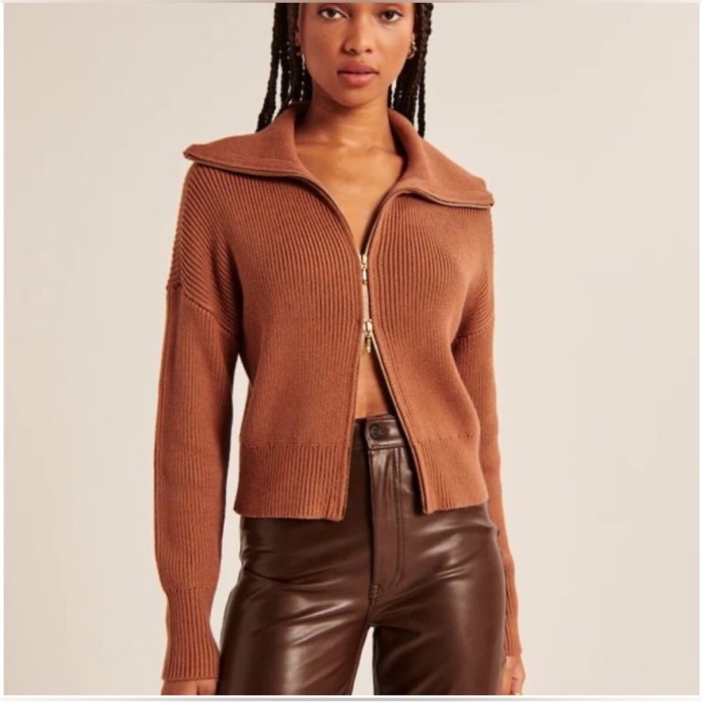 Abercrombie & Fitch Copper-Brown Ribbed Zip Cardigan